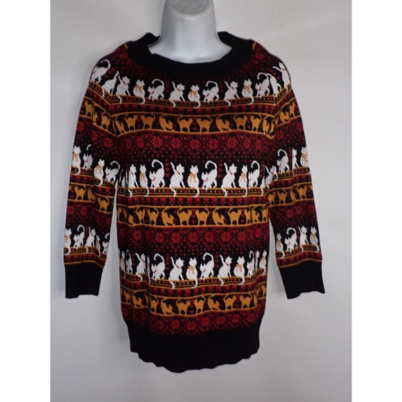 Unique Vintage Sweaters - Unique Vintage Women's Cat Fair Isle Knit Sweater Black Red White Size XS/S